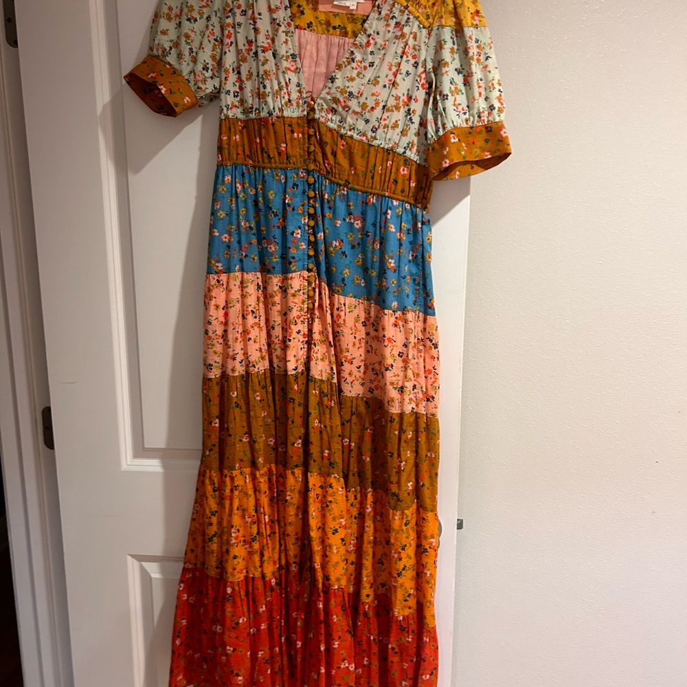 Anthropologie Cream and Orange Tiered Maxi Dress with Puff Sleeves